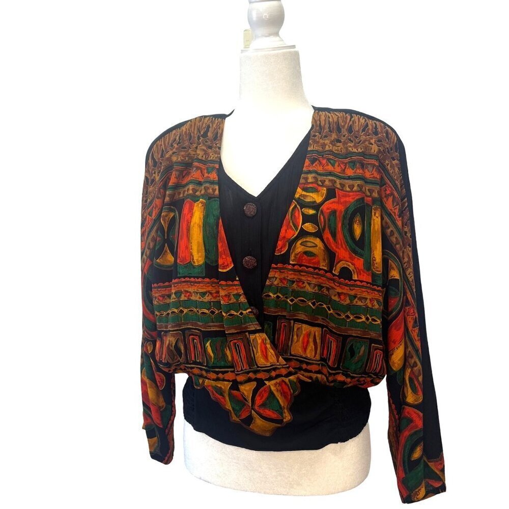 Carole Little Vintage Button Down Crop Blouse Jacket Art Deco Boho Hippie Size M